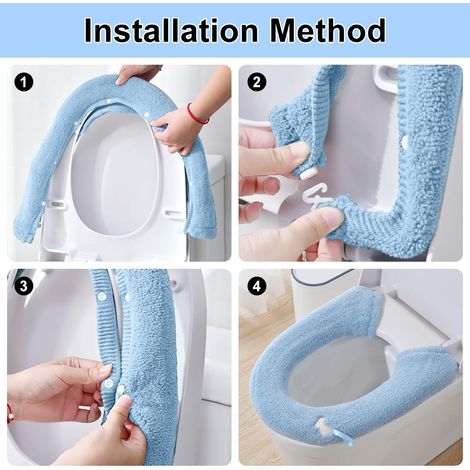 Lot de 2 housses de siège de toilette, coussins doux et chauds avec fermetures à pression, housses fixes, lavables et réutilisables, compatibles avec la plupart des sièges de toilette, bleues (1/4)