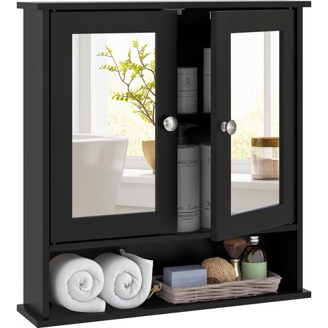 COSTWAY Wall Mounted Bathroom Mirror Cabinet Wooden Storage Cupboard Medicine Black (1/5)