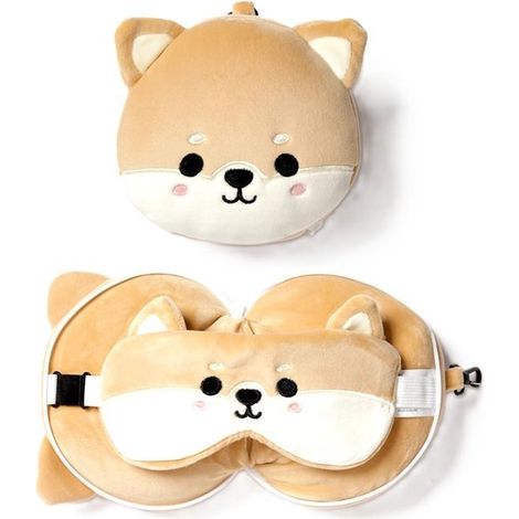 Almohada de viaje y antifaz con dise帽o de perro Shiba Inu.