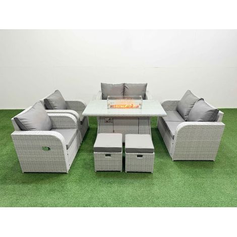 Fimous 8 Seater Outdoor Reclining Chair Love Sofa Set Rattan Garden Furniture Set with Firepit Dining Table 2 Stools Light Grey (1/4)