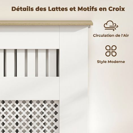 Cache-radiateur en Bois Blanc 78x19x81cm avec Étagère, Design à Lattes Croisées, Mélamine Robuste, Sécurité Anti-basculement (1/5)