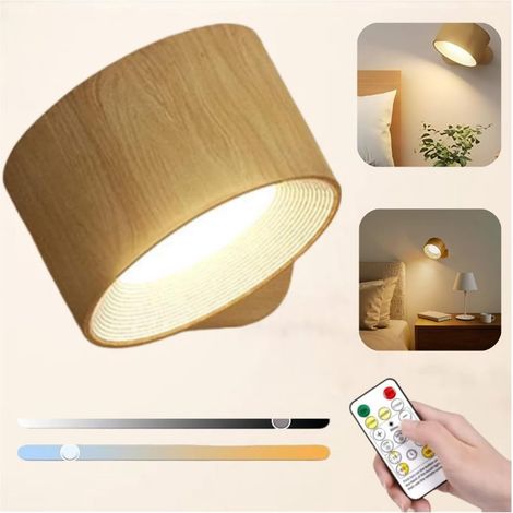 Wiederaufladbare LED-Wandleuchte – Magnetisch – 3 Helligkeitsstufen und 3 Farbtemperaturen – 360°-Drehung mit Fernbedienung – Holzoptik
