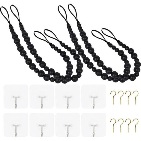 Lot de 4 embrasses de rideaux en perles de bois de style bohème avec crochets pour décoration murale, décoration de fenêtre pour chambre à coucher, salle à manger (noir, 4) (1/4)