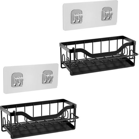 2pcs Support de rangement noir sans trace, ensemble d'égouttoirs à chiffons comprenant une tige de suspension + un autocollant sans trous, mural (1/5)