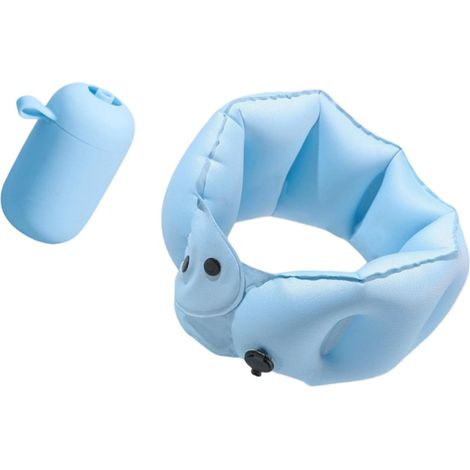 Oreiller cervical portable en forme de U, gonflable instantanément, offrant un soutien ergonomique idéal pour le camping et autres activités de plein air. Oreiller de voyage portable, bleu ciel.