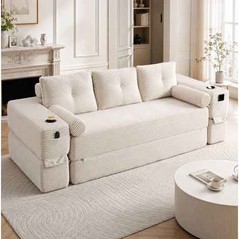 Klappsofa 232x98x80 cm Beige Cord mit Federkern, Memory-Schaum und Getränkehalter (1/5)