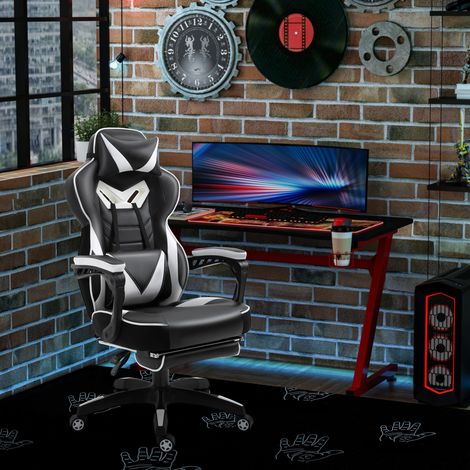 Vinsetto Silla Gaming Ergonómica Silla de Escritorio de Oficina Regulable en Altura Reclinable Respaldo con Reposapiés Reposacabezas Cojín Lumbar Ruedas 65x70x118,5-128,5 cm Blanco (1/5)