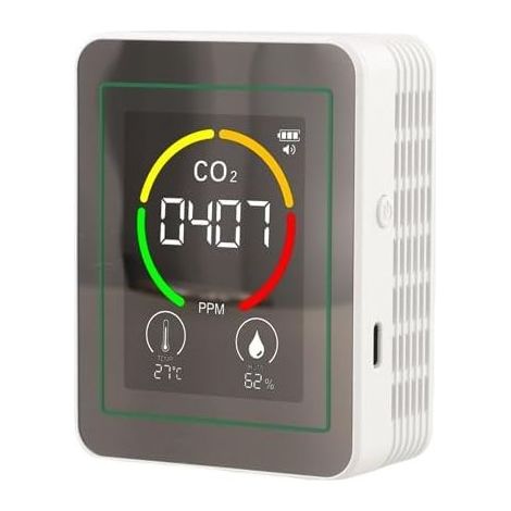 Testeur de qualité de l'air 3 en 1 avec capteur, température et humidité, écran LCD HD, 1200 mAh pour batterie, mesure précise pour le bureau, l'école et la maison, blanc (1/5)