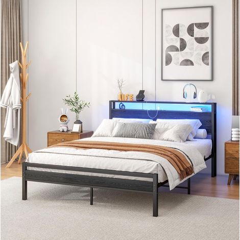Letto 140 x 200 cm con contenitore, struttura in metallo, USB, presa e luce LED, nero (1/5)