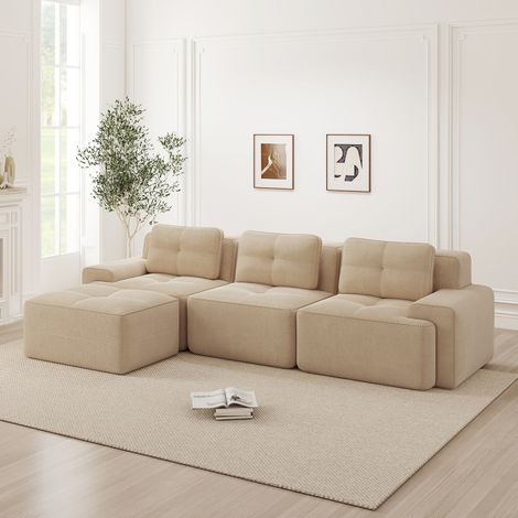 Ecksofa modular aus Cord Beige, rahmenloses Cloud-Sofa mit Ottoman, Tiefsitz 74 cm, montagefrei