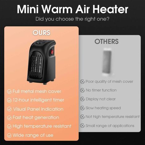 Mini radiateur soufflant enfichable, petit thermostat en céramique avec 2 vitesses de chauffage et minuterie de 12 heures et température réglable et affichage LED et protection contre la surchauffe (1/5)