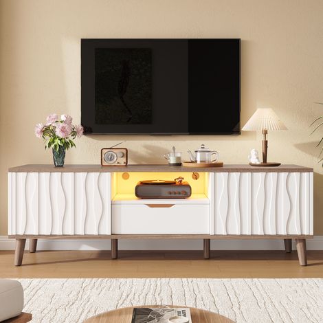 Meuble TV 160 cm, Banc Télé Multimédia avec LED et Rangement, Portes Coulissantes, pour Écran jusqu'à 70 Pouces, Style Moderne, pour Salon et Chambre, Blanc et Noyer Foncé