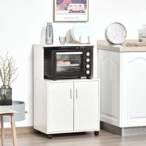 Meuble de cuisine multi-usages avec roulettes, armoire et plateau pour micro-ondes, buffet haut en bois aggloméré, 60.4x40.3x97cm blanc (1/5)