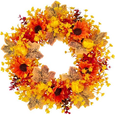 Couronne décorative d'automne 45 cm, tournesols orange et style champêtre, décoration murale et de porte pour Thanksgiving, Halloween, porche et intérieur (1/5)