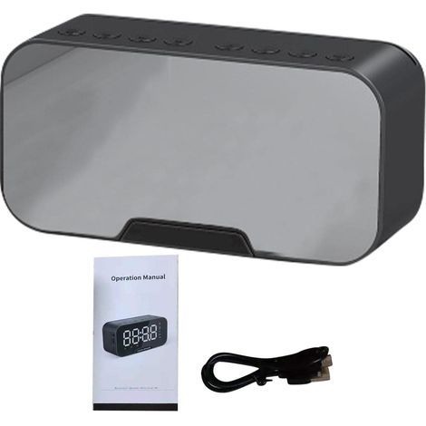 Radio-réveil numérique FM avec port de charge USB, affichage LED, minuteur de sommeil, miroir portable, haut-parleur Bluetooth sans fil, réveil pour chambre à coucher, bureau (noir) (1/5)