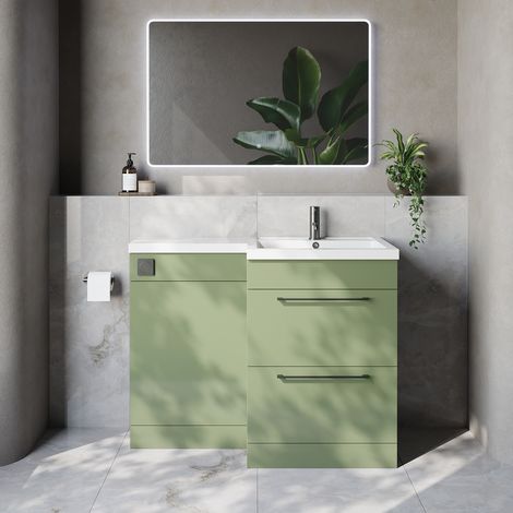 Napoli 460 Olive Green 1100mm 2 Drawer Vanity Unit Toilet Suite with Right Hand Square Lucia Basin - 1100mm - Gunmetal Grey 320mm HandleWithout Kingston Toilet Pan
