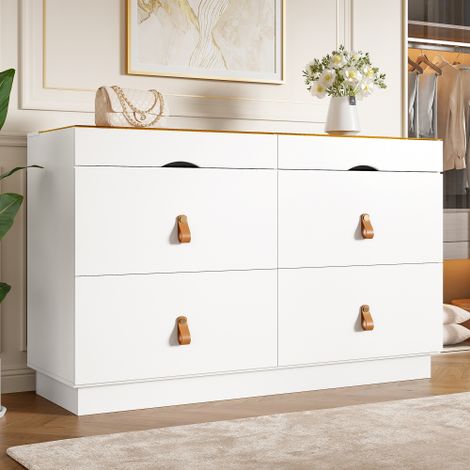 Buffet moderne 120x40x78cm - avec 6 tiroirs - verre de sécurité trempé supérieur - panneau de particules - Blanc