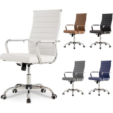 UEV Sedia da Ufficio Moderna Ergonomica con Rotelle, Sedia da Ufficio in Pelle PU con Braccioli, Altezza Regolabile, Portata Fino a 150 kg, Bianco (1/5)