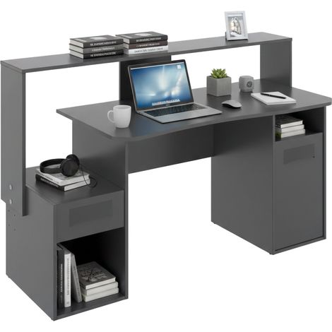 Dmora - Scrivania Albertino, Scrittoio multifunzione moderno da gaming, Tavolo da studio porta PC e porta CD, 154x69h98 cm, Antracite, senza luci LED