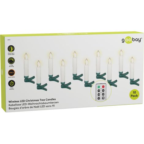 goobay 49873 Candele per albero di Natale a LED senza fili con funzione timer/candele LED con telecomando/fiamma tremolante, candele elettriche/candele per albero di Natale, set da 10 pezzi, bianco (1/5)