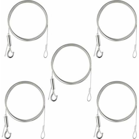 Câble en Acier Inoxydable 5 Pcs x 2M Fil Suspension en Acier Inoxydable Charge Maximale 30kg Boucle de Câble avec Anneaux Crochet pour Cadre Photo Rideaux Lumières (1/5)