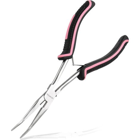 Pince à Bec Long Courbé Mâchoires Crantées avec Coupe Fil, Longue Portée, Pour Bijouterie, Formage et Coupe de Fil, Outil de Pêche, Manche Anti-dérapant Rose et Noir (1/5)