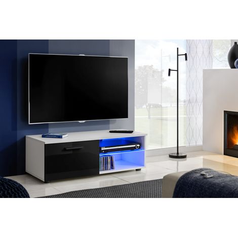 Extreme Furniture, Armoire TV T32-100, (LxHxP): 100 x 34,5 x 45, corps en Blanc Mat, Façades en Noir Brillant, sans LED