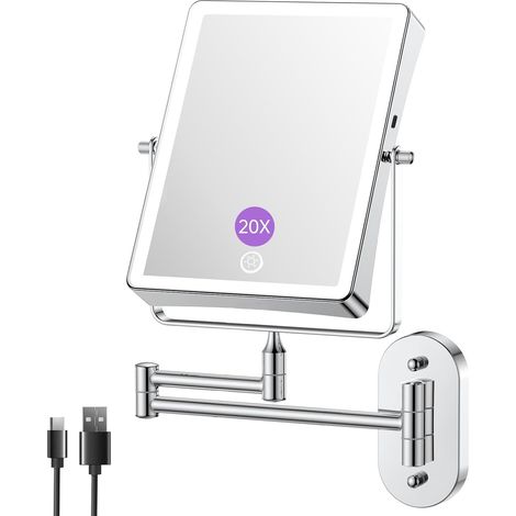 Miroir cosmétique Rechargeable avec grossissement 1X/20X, 3 Couleurs de lumière à intensité Variable, écran Tactile, pivotant à 360° pour Montage Mural, Miroir de Rasage pour Salle de Bain (1/5)