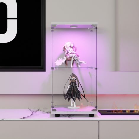 Vitrine en verre trempé à 2 niveaux avec éclairage LED - Convient pour salon, chambre, bureau, 43x37x86 cm - Blanc