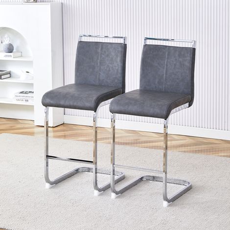 Taburete de bar de metal y PU gris oscuro con respaldo, set de 2, estable y fácil de limpiar,38.9×46.5×96.5cm (1/5)