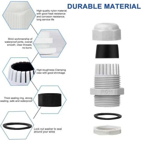 Lot de 25 presse-étoupes étanches - Réglables - PG7 PG9 PG11 PG13.5 PG16 - Connecteurs de cable - écrous de remplissage - Joints en plastique avec rondelle - Blanc - LAOA (1/3)
