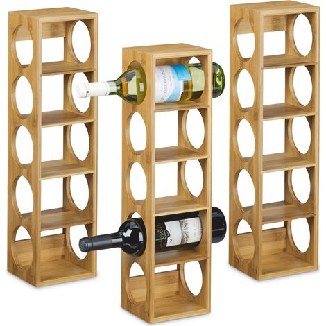 Relaxdays 3x Wine Rack, HWD: 53 x 14 x 12 cm, Bottle Holder, 5 Levels, Modern, Horizontal Storage, Stackable, Natural