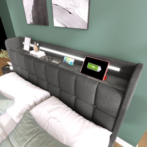 Lit double 180x200cm gris, sommier à lattes bois avec têtes de lit LED lumineuses, 4 tiroirs de rangement et ports de charge USB (sans matelas)