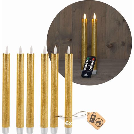 Bougies coniques LED avec minuterie OR 6 pièces Intérieur 6 heures VRAIE CIRE 18 cm de hauteur pour les bougies 2,2 cm de diamètre 2 piles AAA