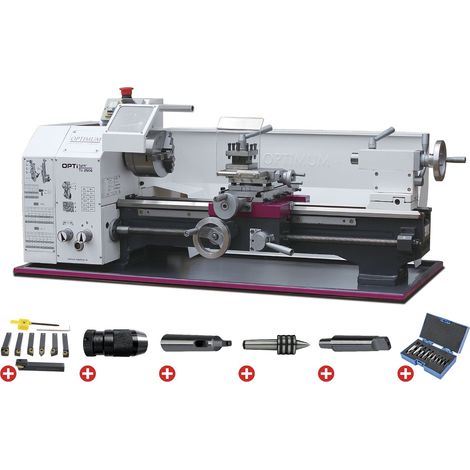 Tour à métaux d'établi hauteur des pointes 125 mm entre-pointes 550 mm alésage 26 mm 0,75 kW 400V 6 vitesses avec accessoires Optiturn TU2506 PACK 400V