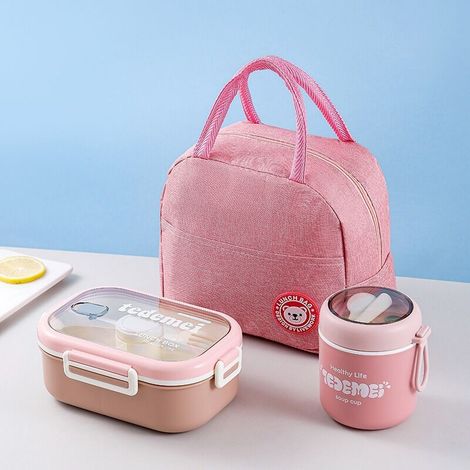 Boîte à lunch - 1100 ml + 1 bol à soupe - Sac isotherme - Élégante - Boîte bento compartimentée - Rose (1/4)