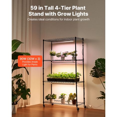 Support Plantes Intérieur avec Lampe de Croissance, Étagère Plantes 4 Niveaux en Métal, 150 cm, 90 W, avec Roulettes, 3 Modes Couleur Éclairage Réglables, Meuble Présentoir pour Pots de Fleurs (1/5)