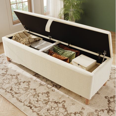 Banc de lit coffre 165x38 cm beige avec rangement hydraulique, tissu côtelé et bois, MEUBLIV (1/5)
