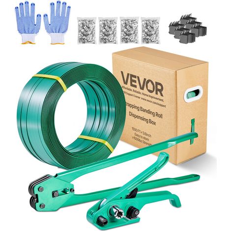 Kit Cerclage Feuillard PET 457 m Kit Cerclage Palette avec Outil et Tendeur pour Emballage Entrepôts Déménagement Stockage Transport Marchandises, 450 Scellés Métal, 150 Protections Angle, Gants (1/5)