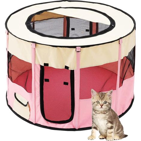 Tente pour animal de compagnie pliable, enclos rond intérieur rose (S : 70x70x40 cm), abri portable extérieur pour chien et chat, cage de jeu légère et démontable (1/5)