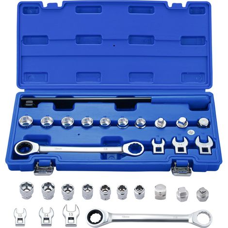 Jeu d'outils pour courroies trapézoïdales à cliquet, 15 pièces — comprenant une clé à cliquet, des clés plates et des adaptateurs pour douilles (1/5)
