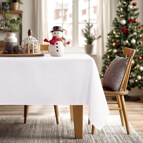 Nappe lavable aspect lin 180x135 cm Rectangulaire Blanc Imperméable Facile d'entretien