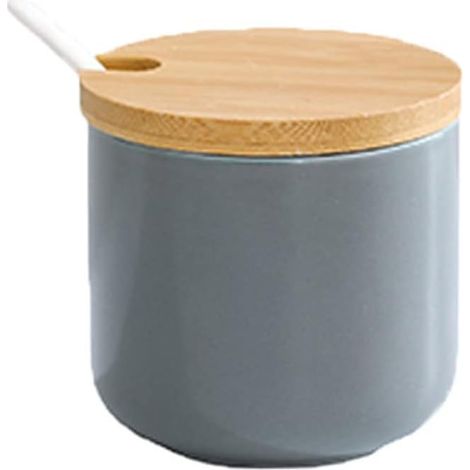 1 - Pot à épices - Sucrier en céramique - Couvercle en bambou - Stockage sel sucre thé - Cuisine maison - Blanc - 8x8cm (1/5)