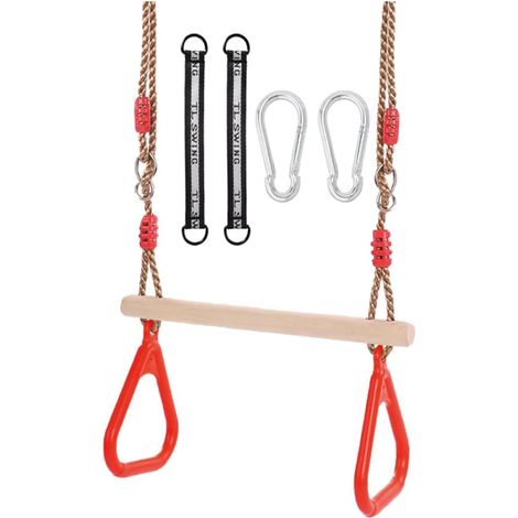 Balançoire trapèze Multifonction en Bois pour Enfants avec Anneaux en Plastique - Charge maximale : 120 kg - pour l'intérieur et l'extér (Rouge) (1/5)