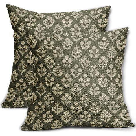 Set mit 2 rustikalen Dekokissenbezügen mit Vintage-Blumenmuster für Outdoor, Landhausstil, Frühling, Sommer, Sofa, Bett, 45,7 x 45,7 cm, Olivgrün (1/5)