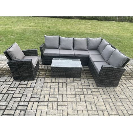 Fimous Rattan Garden Furniture Corner Sofa Set 4 Pieces Outdoor Patio Sofa Chair Table Set with Rectangular Coffee Table Dark Grey Mixed (1/5)