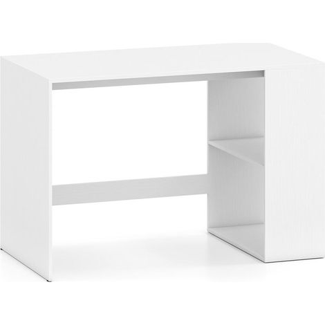 Design moderne, bureau informatique blanc avec 2 étagères ouvertes, grand plateau 112x60 cm pour bureau ou chambre (1/5)