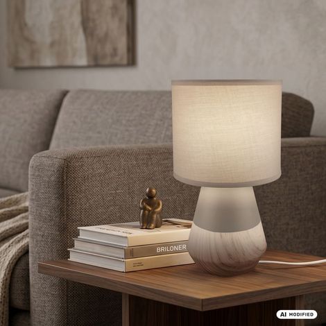Briloner Lampe de chevet pied en céramique Ø18x34 cm douille E14 max. 25W interrupteur filaire gris bois - Lampe de table salon chambre couloir (1/5)