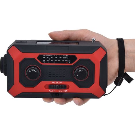 Radio météo d'urgence à manivelle avec commutation AM/AM, indicateur de batterie, lampe torche et batterie solaire pour le camping (version rouge américaine). (1/5)