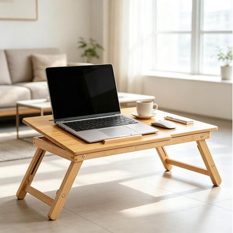 Mesa de cama ajustable de bambú 55x35x32,5 cm con cajón FloraGrace (1/5)